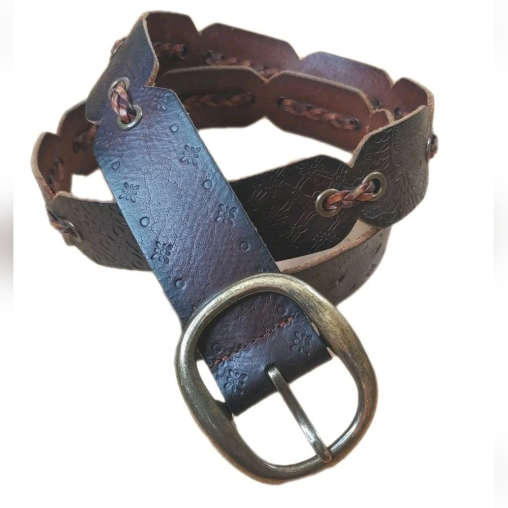 Fossil Tooled Leather Belt Dark Brown Braided Plus 36"-40" Boho Hippie Western